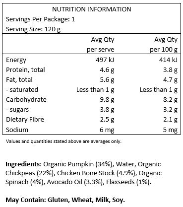 Organic Pumpkin (34%), Water, Organic Chickpeas (22%), Chicken Bone Stock (4.9%), Organic Spinach (4%), Avocado Oil (3.3%), Flaxseeds (1%). 