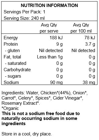 Water, Chicken*(44%), Onion*, Carrot*, Celery*, Spices*, Cider Vinegar*, Rosemary Extract*.
*Organic