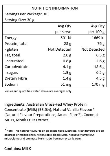 Australian Grass-fed Hydrolysed Bovine Collagen Peptides (73%), Buttermilk
Powder (Milk), Guar Gum, Natural Vanilla Flavour (2.8%), S.officinarum Prebiotic Fibre, Monk
Fruit Extract, Organic Camu Camu.
Servings per pack: 30
Serving size: 15g
Protein per serve: 11.3g