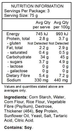 water, maize starch, maize flour, apple fibre, rice flour, dextrose, thickener: hydroxypropyl methyl cellulose, soya protein, sunflower oil, yeast, salt, acids: tartaric acid, citric acid
