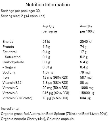 <p>Organic grass-fed Australian Beef Spleen (76%) and Beef Liver (20%), Organic Acerola Cherry (4%), Gelatine capsule. Servings per pack: 30 Serving size: 2g (4 capsules)</p>
