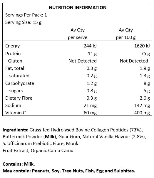 Grass-fed Hydrolysed Bovine Collagen Peptides (73%), Buttermilk Powder (Milk), Guar Gum, Natural Vanilla Flavour (2.8%), S.officinarum Prebiotic Fibre, Monk Fruit Extract, Organic Camu Camu. 
Servings per pack: 30
Serving size: 15g
Protein per serve: 11.3g