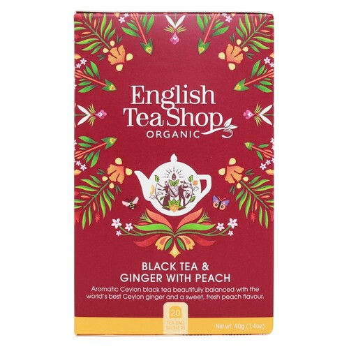 English Tea Shop Organic Black Tea & Ginger with Peach Teabags 6x20pc
